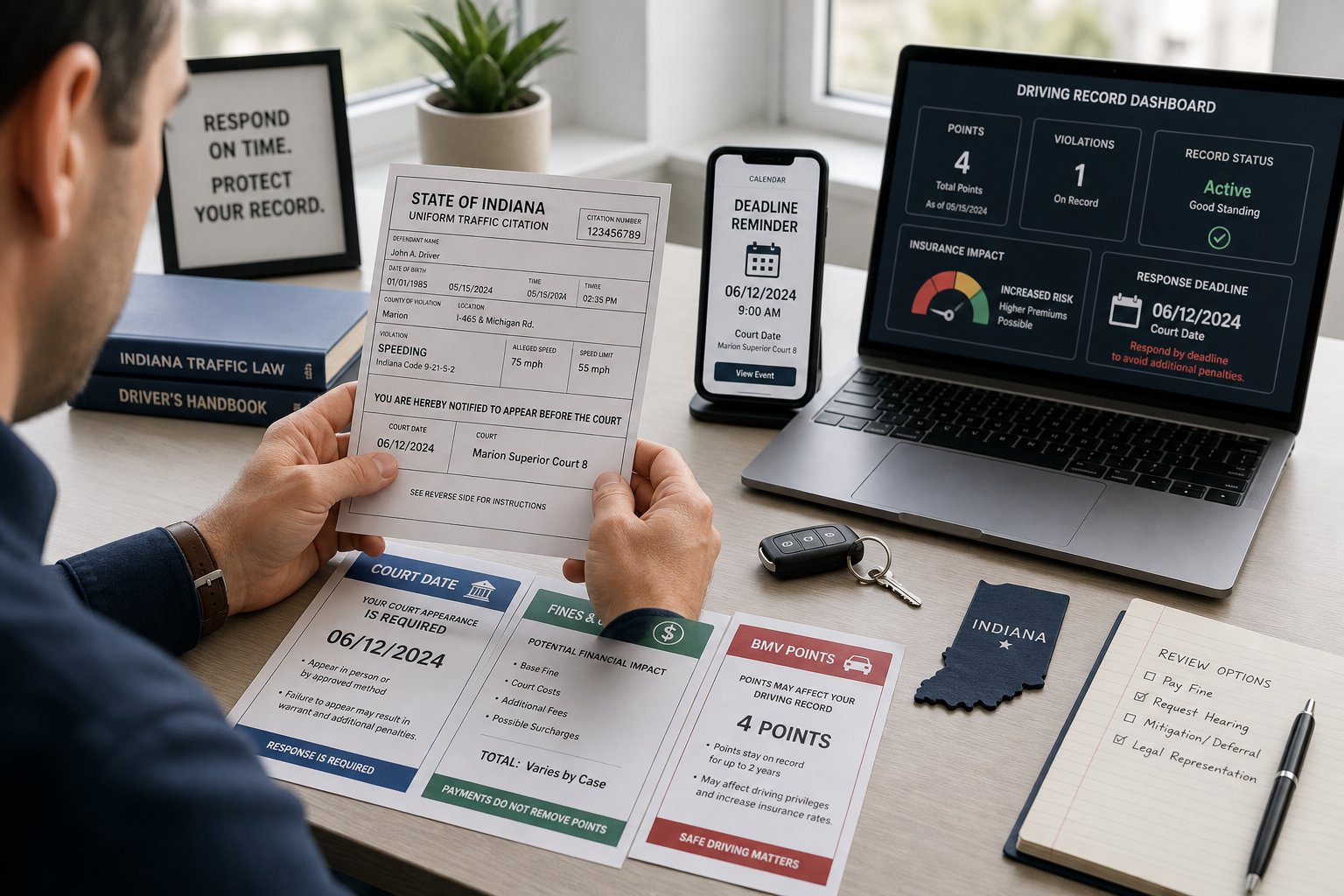 Indiana Speeding Ticket: Costs, Points, and What to Know 1 Driver reviewing an Indiana speeding ticket and court deadline at a desk.