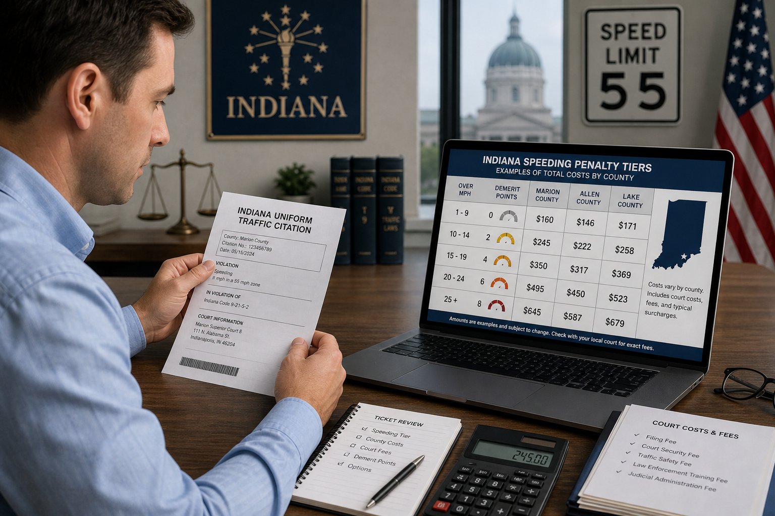 Indiana Speeding Ticket Fines: What Affects the Cost? 1 Driver reviewing Indiana speeding ticket costs at a modern desk.
