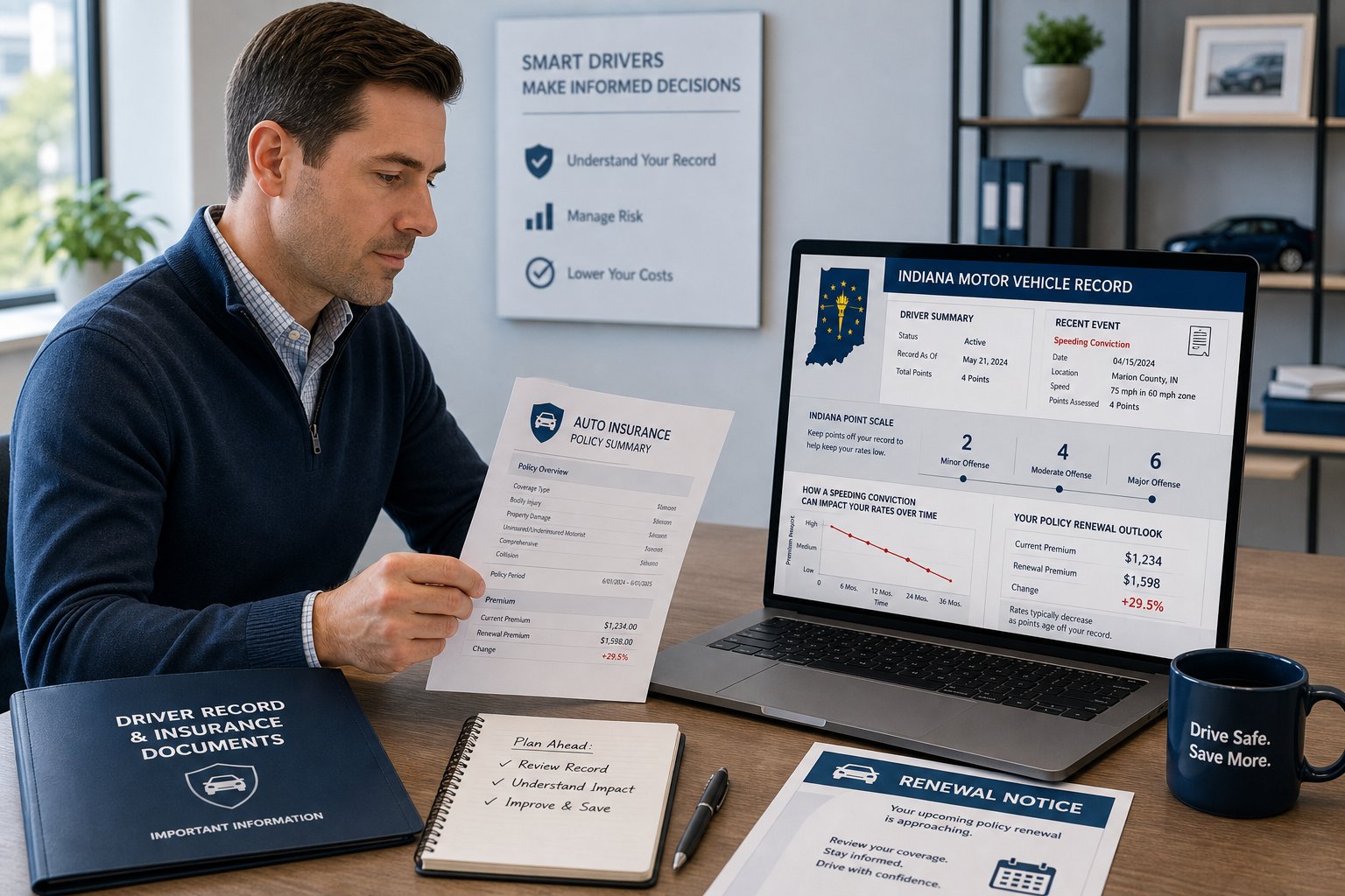 How Does an Indiana Speeding Ticket Affect Your Car Insurance? 1 Driver reviewing insurance and speeding ticket details in a modern office.