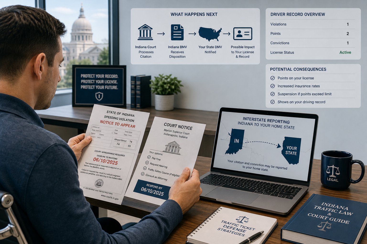Indiana Speeding Ticket from Out of State: What Happens to Your License 1 Driver reviewing Indiana speeding ticket paperwork at a modern desk.