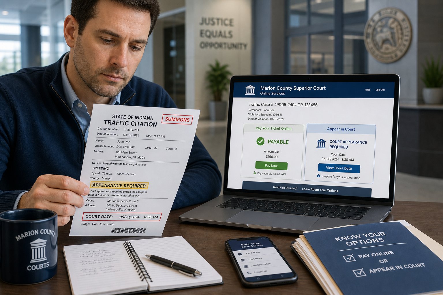 Indiana Speeding Ticket: What to Know Before You Pay or Contest It 1 Driver reviewing Indiana speeding ticket and court or payment information online.