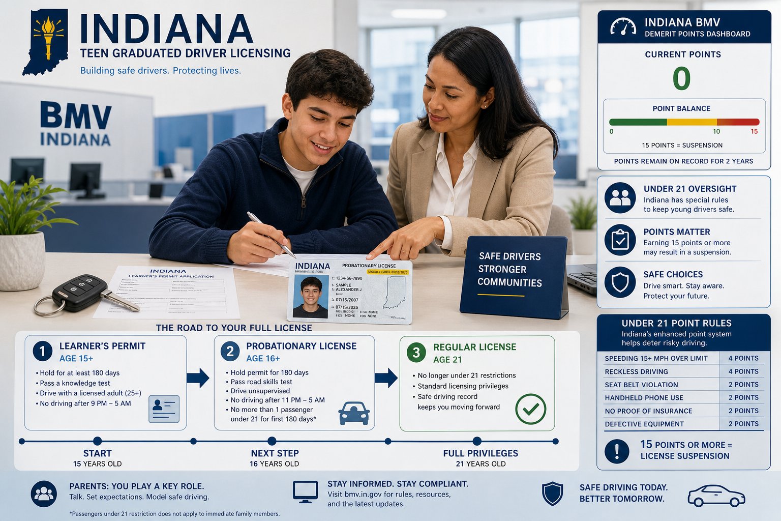 Indiana Teen and Young Driver Point Rules: Lower Thresholds 1 Teen driver and parent reviewing Indiana license stages and point rules.