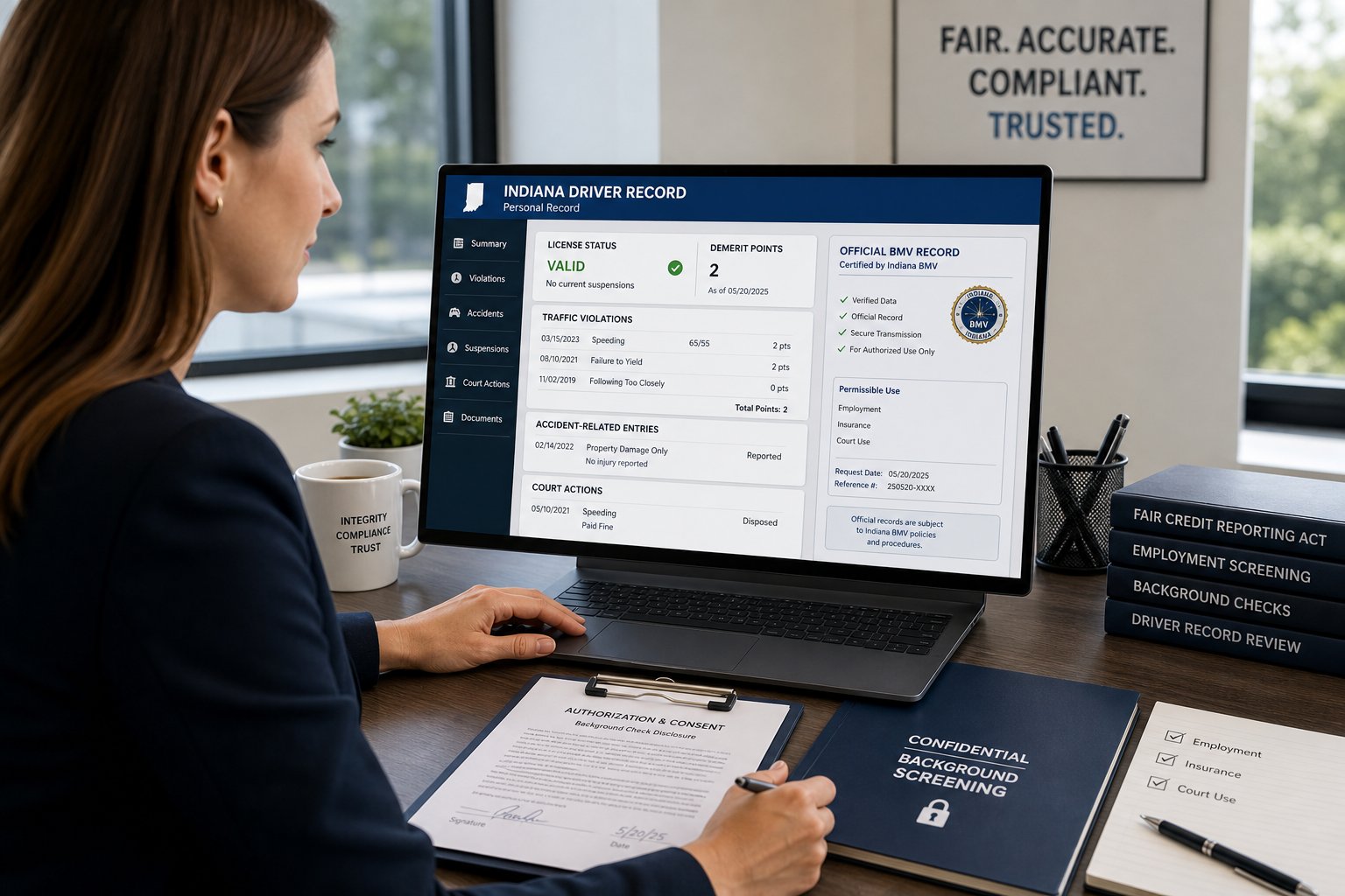 Will an Indiana Traffic Violation Show Up on a Background Check? 1 HR professional reviewing an Indiana driver record on a computer.
