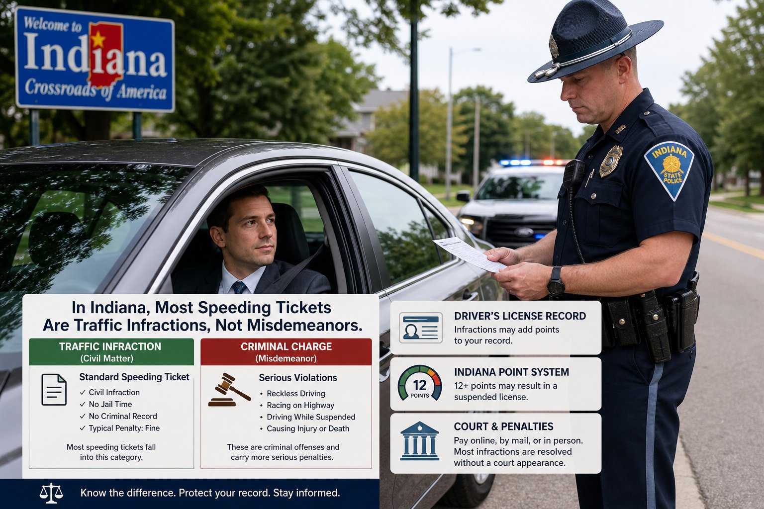Is an Indiana Speeding Ticket a Misdemeanor or Just a Traffic Infraction? 1 Indiana driver receiving a speeding ticket shown as a traffic infraction.