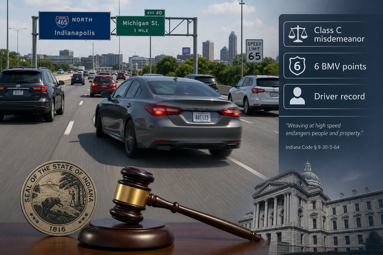 Is Reckless Driving a Felony in Indiana? What to Know 1 Reckless driver speeding through traffic with legal penalties shown visually.