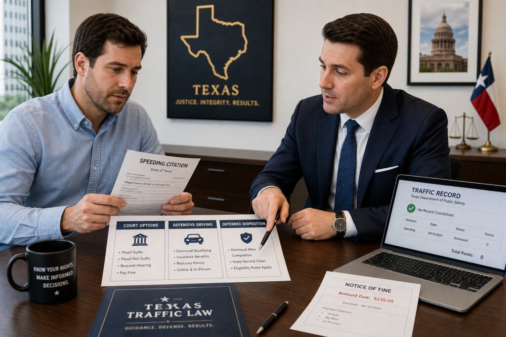 Blog Articles 7 Driver reviewing a Texas speeding ticket in a professional legal setting.
