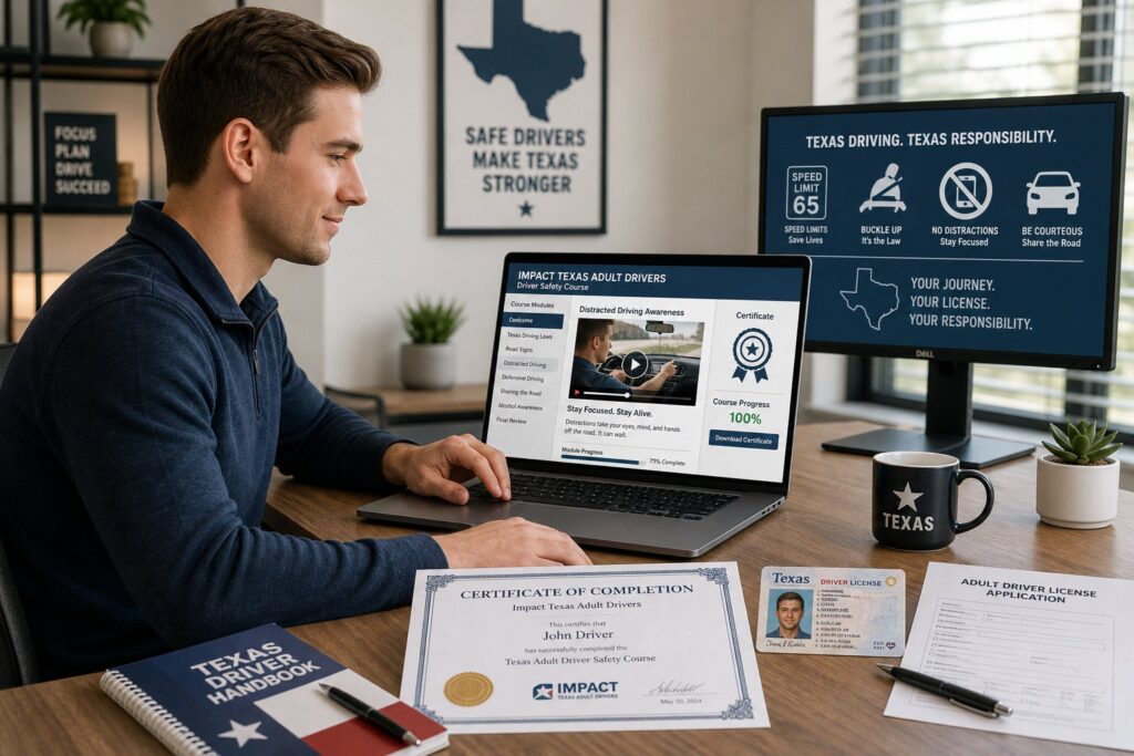 Blog Articles 3 Adult completing Texas online driver safety course on a laptop.
