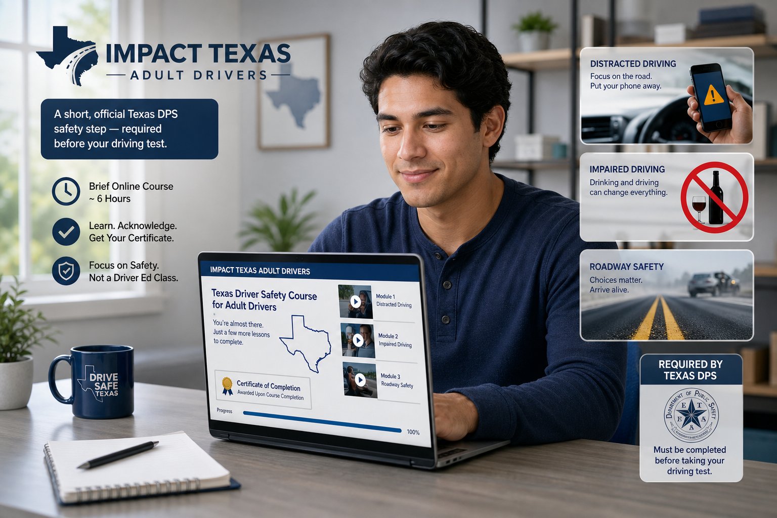 ITAD vs ADE: What Is the Difference Between Impact Texas Adult Drivers and Adult Driver Education? 1 Adult completing Texas online driver safety course on a laptop.