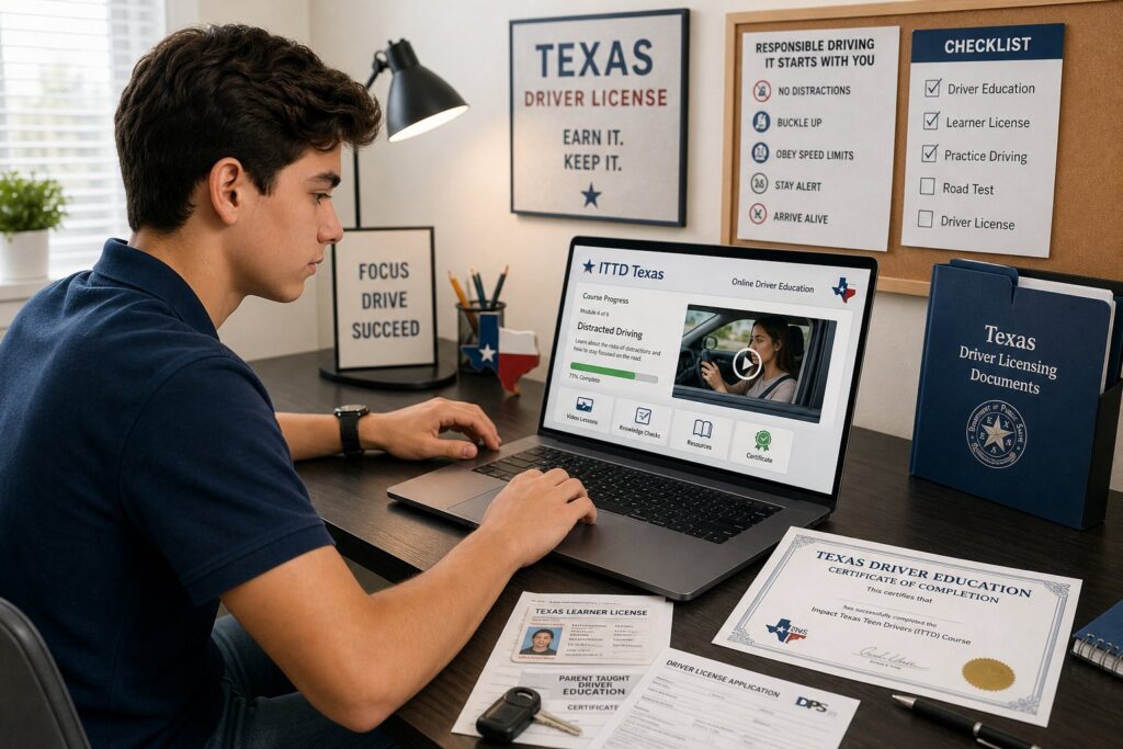 Blog Articles 8 Teen driver taking Texas online driving safety course on a laptop.
