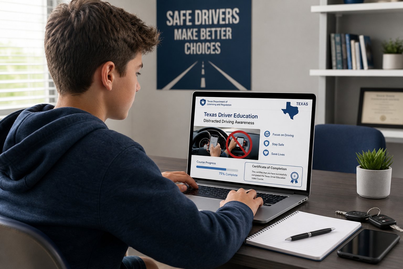 ITTD vs ITAD: Teen vs Adult Impact Texas Drivers Course — What's the Difference? 1 Teen driver taking Texas online driving safety course on a laptop.