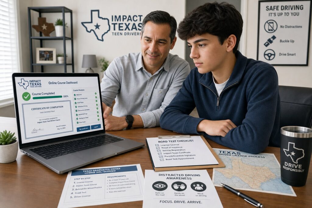 Blog Articles 7 Teen and parent reviewing Texas distracted driving course on a laptop.