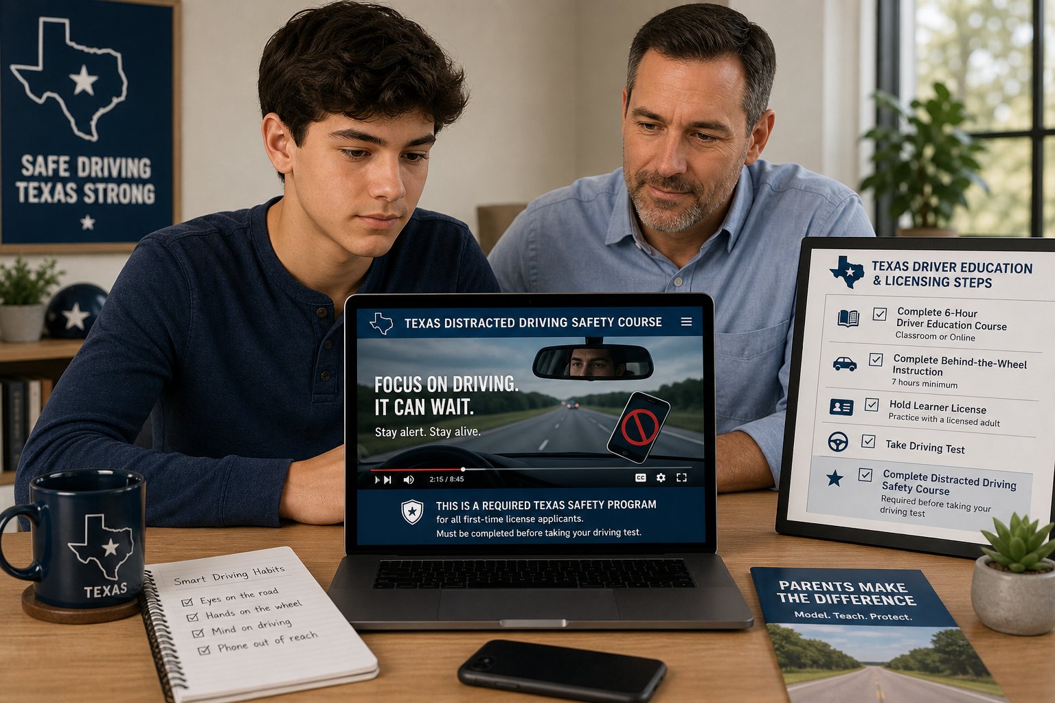 ITTD vs PTDE: Where Does Impact Texas Teen Drivers Fit in the Licensing Process? 1 Teen and parent reviewing Texas distracted driving course on a laptop.
