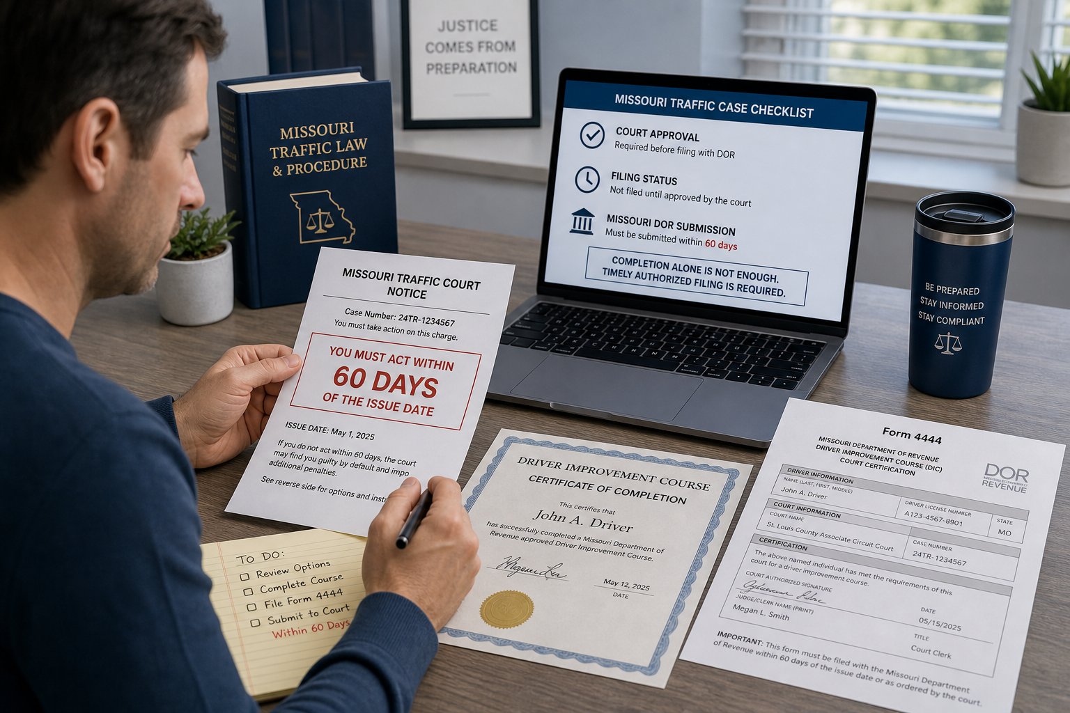What Happens If You Miss the Missouri DIP Submission Deadline? 1 Missouri DOR Form 4444 point-reduction submission form beside a traffic ticket