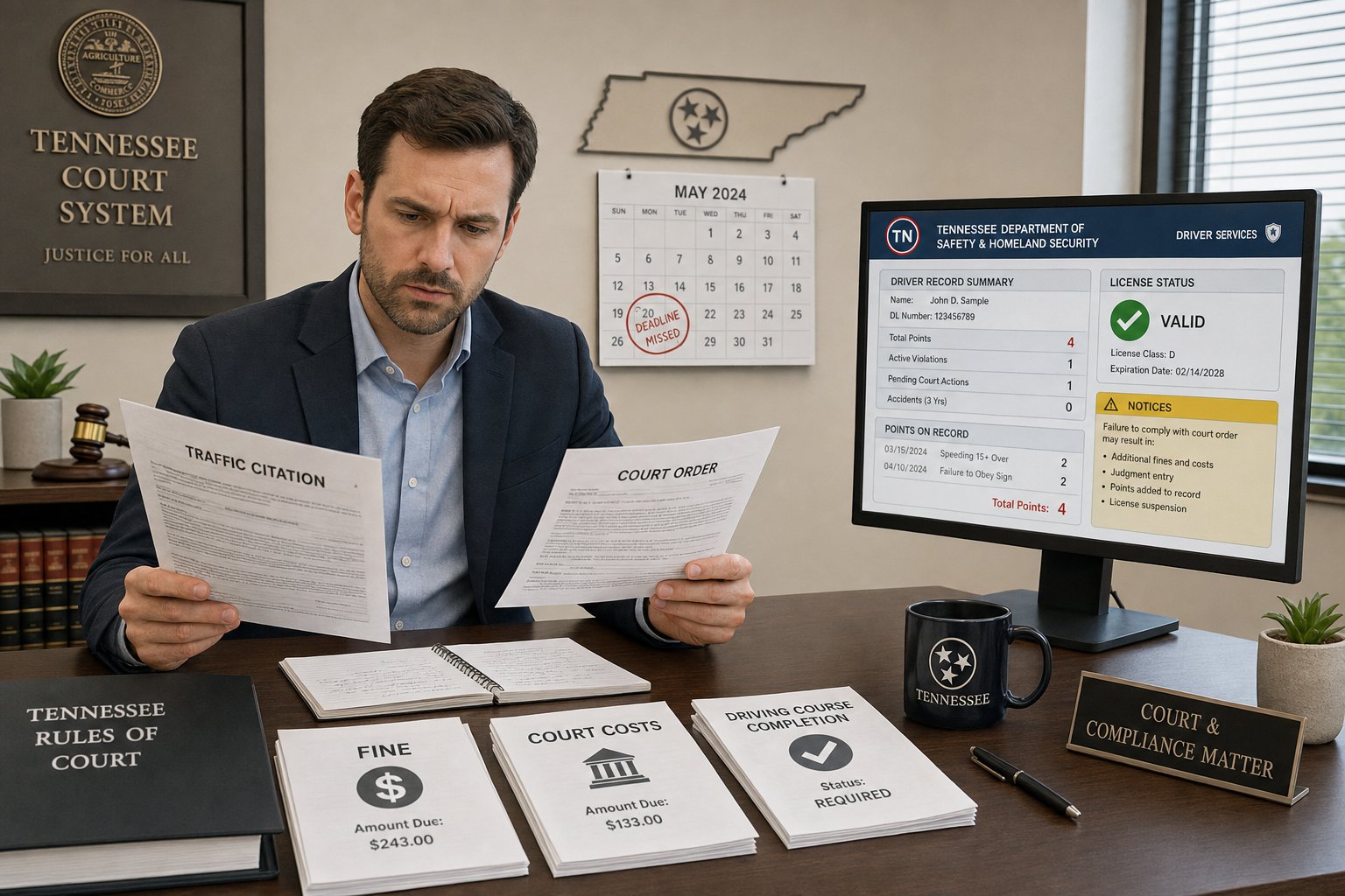 What Happens If You Miss a Court Deadline for a Tennessee Driving Course? 1 Tennessee traffic citation and Clerk of Court notice on a desk