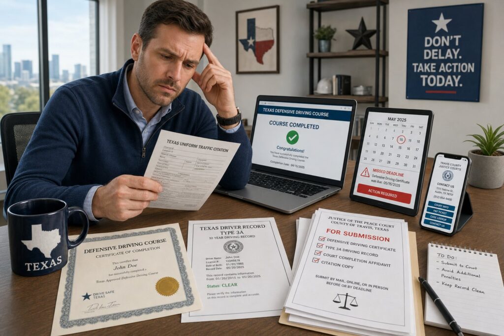 Blog Articles 6 Driver reviewing ticket paperwork after missing a Texas defensive driving deadline.