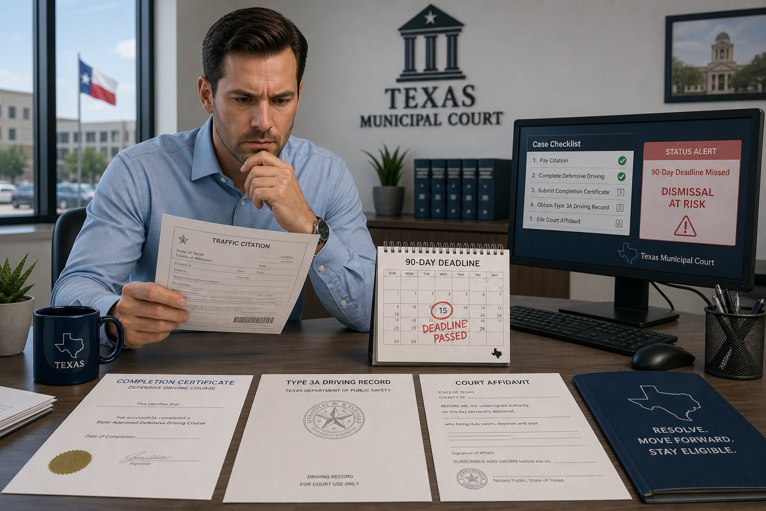 What Happens If You Miss the Texas Defensive Driving Completion Deadline? 1 Driver reviewing ticket paperwork after missing a Texas defensive driving deadline.