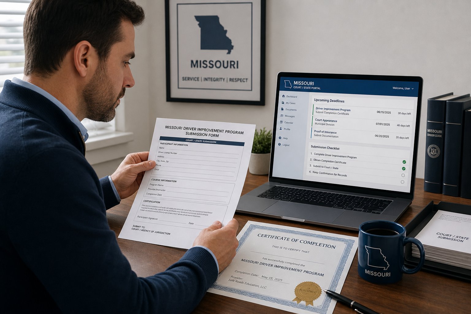 Missouri DIP Certificate and DOR Form 4444: What They Are and What to Do 1 Laptop showing a Missouri Driver Improvement Program course marked complete with points reduced
