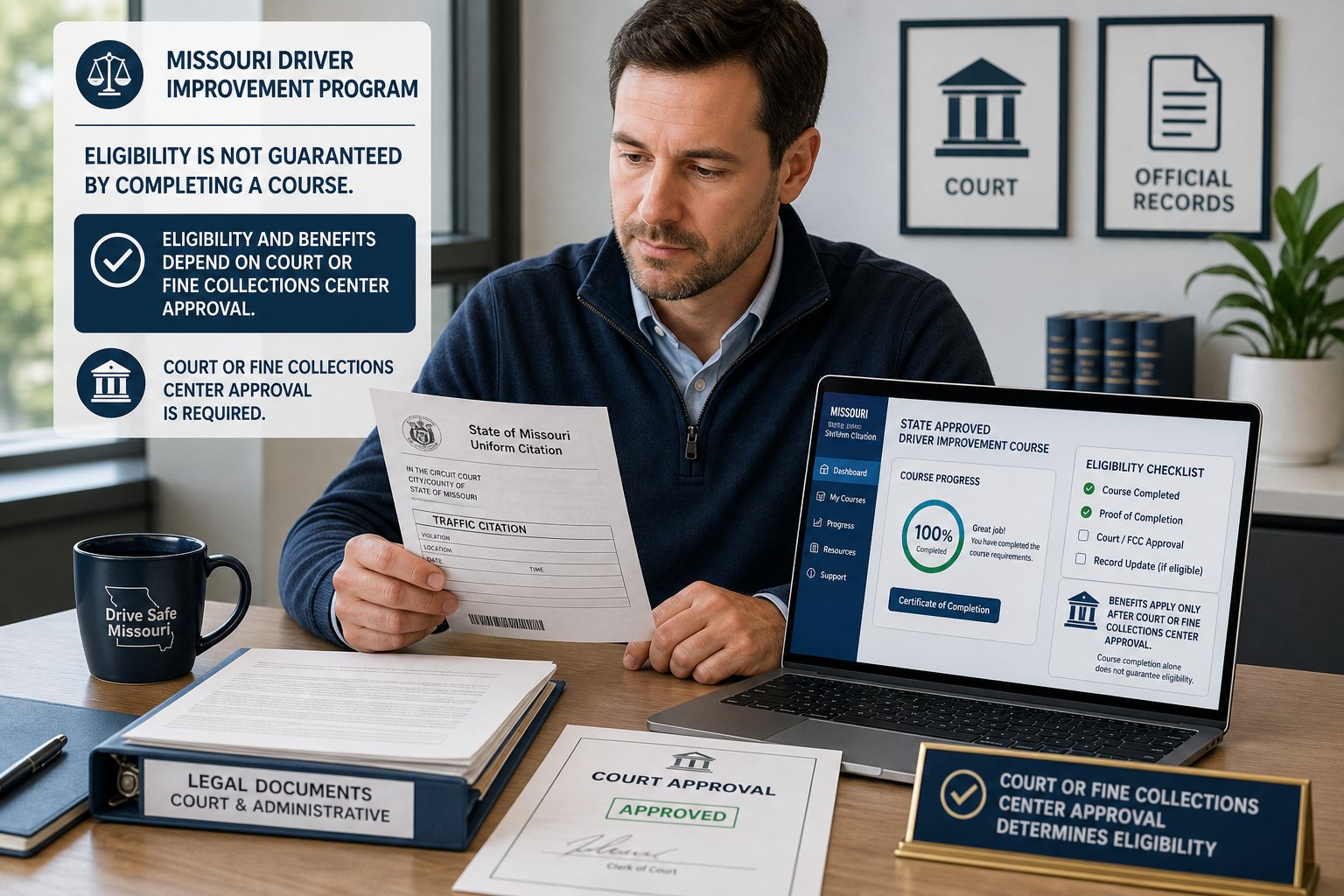 Missouri Driver Improvement Program Eligibility: Who Can Use the DIP? 1 Missouri DOR Form 4444 point-reduction submission form beside a traffic ticket