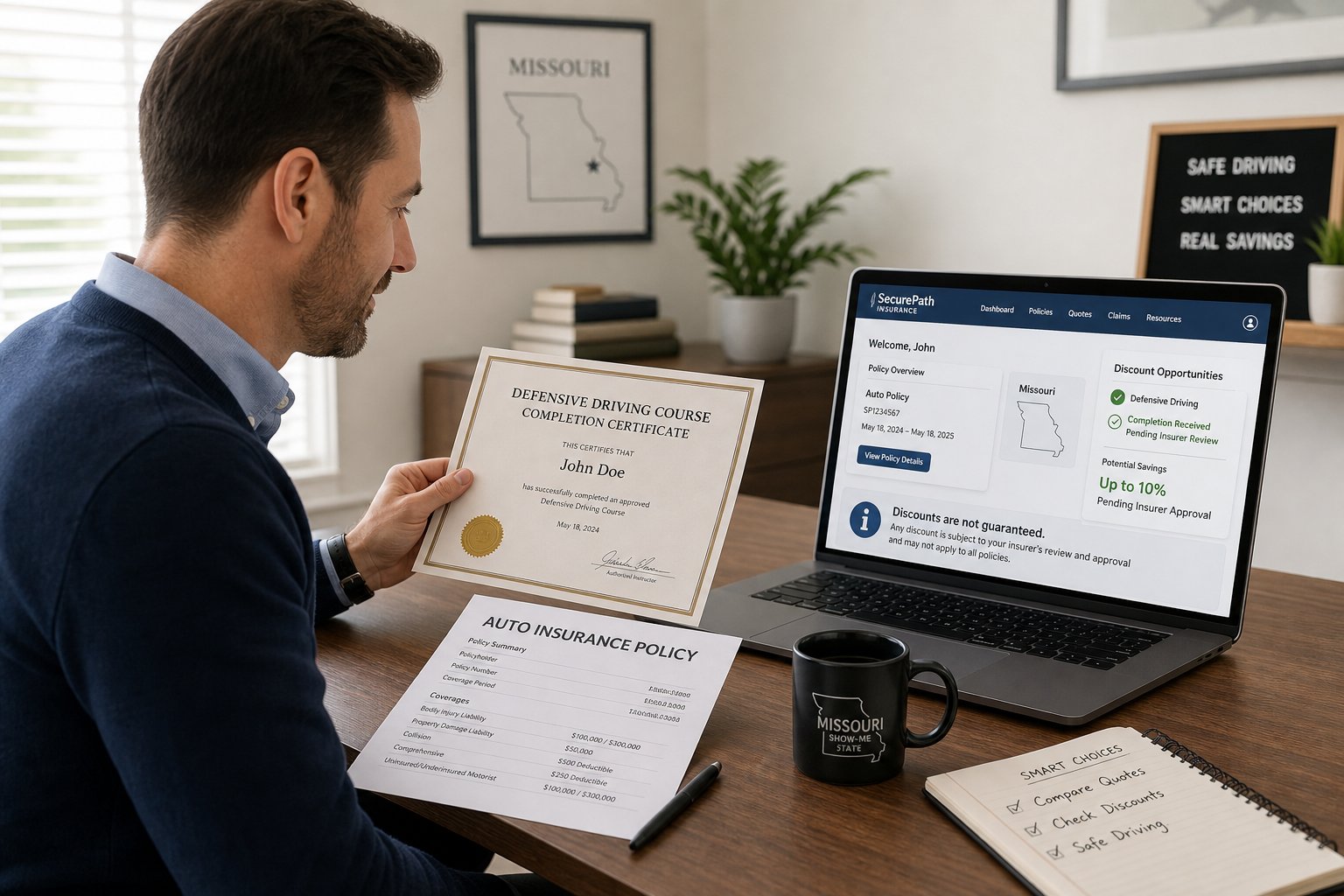 Can the Missouri Driver Improvement Program Lower Your Car Insurance? 1 Laptop showing a Missouri Driver Improvement Program course marked complete with points reduced