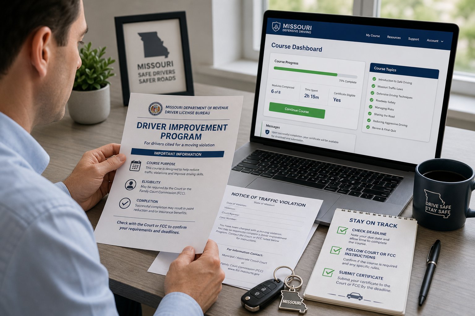 Missouri Driver Improvement Program vs. Defensive Driving Course: Same Thing? 1 Laptop showing a Missouri Driver Improvement Program course marked complete with points reduced