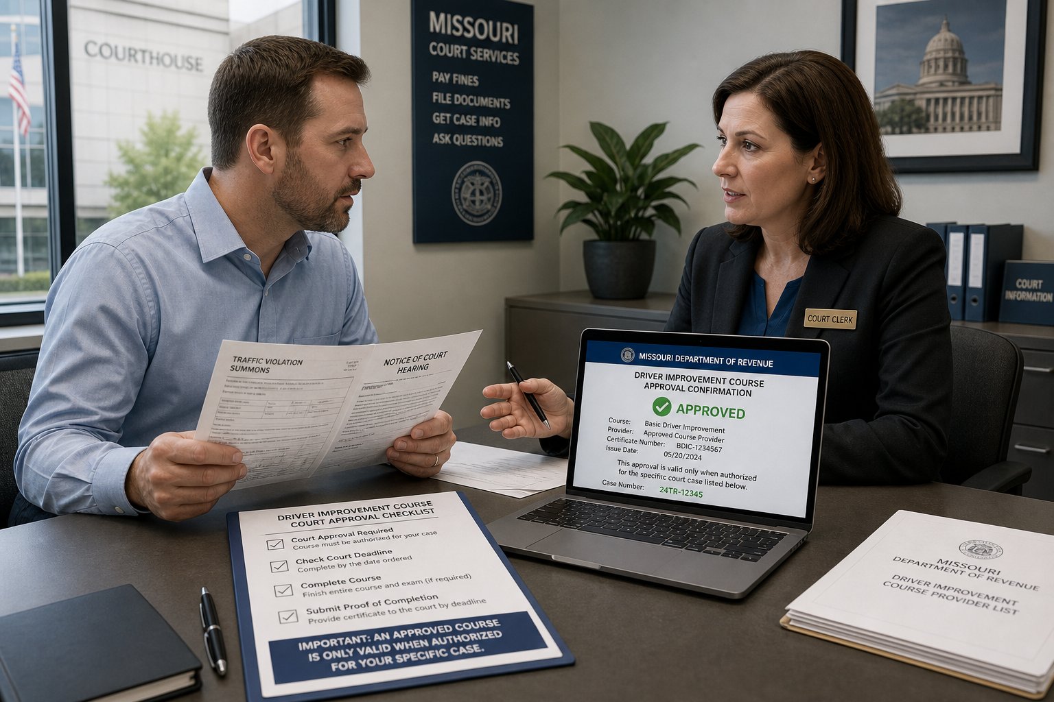 Missouri DOR-Approved Driver Improvement Program: What It Means and How to Verify 1 Laptop showing a Missouri Driver Improvement Program course marked complete with points reduced