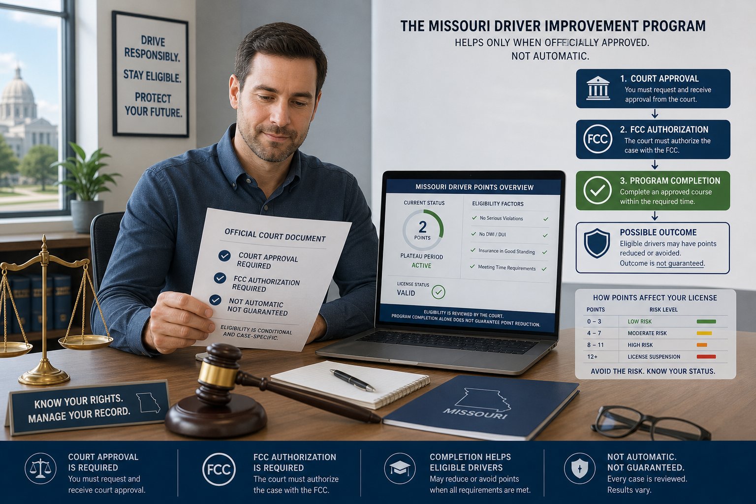 Missouri Driver Improvement Program and Points: What It Can and Cannot Do 1 Missouri DOR Form 4444 point-reduction submission form beside a traffic ticket