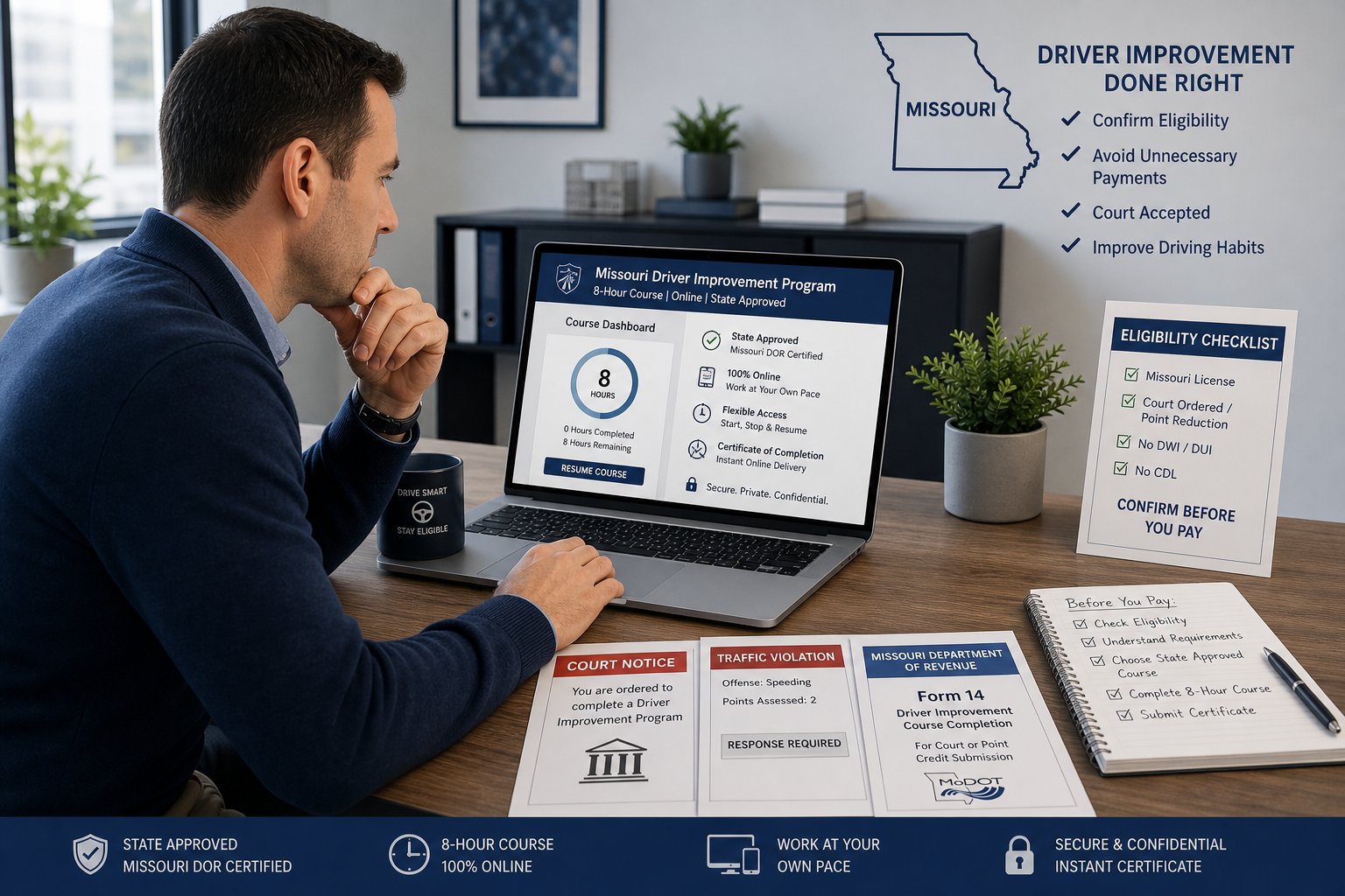 Missouri Driver Improvement Program Cost: What to Expect 1 Laptop showing a Missouri Driver Improvement Program course marked complete with points reduced