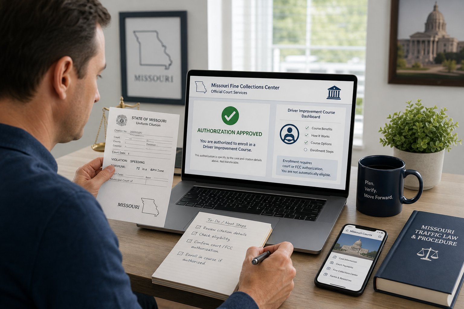 Missouri Driver Improvement Program for a Speeding Ticket: What to Know 1 Missouri DOR Form 4444 point-reduction submission form beside a traffic ticket