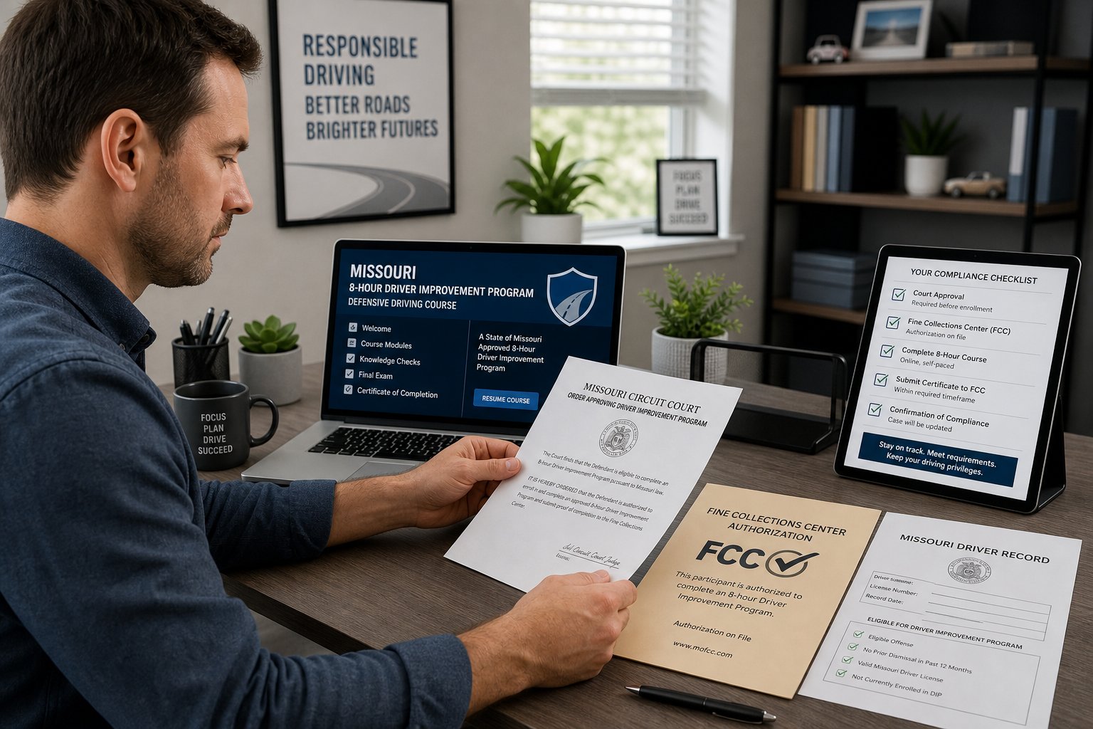 Missouri Driver Improvement Program (DIP): The Complete Guide 1 Laptop showing a Missouri Driver Improvement Program course marked complete with points reduced