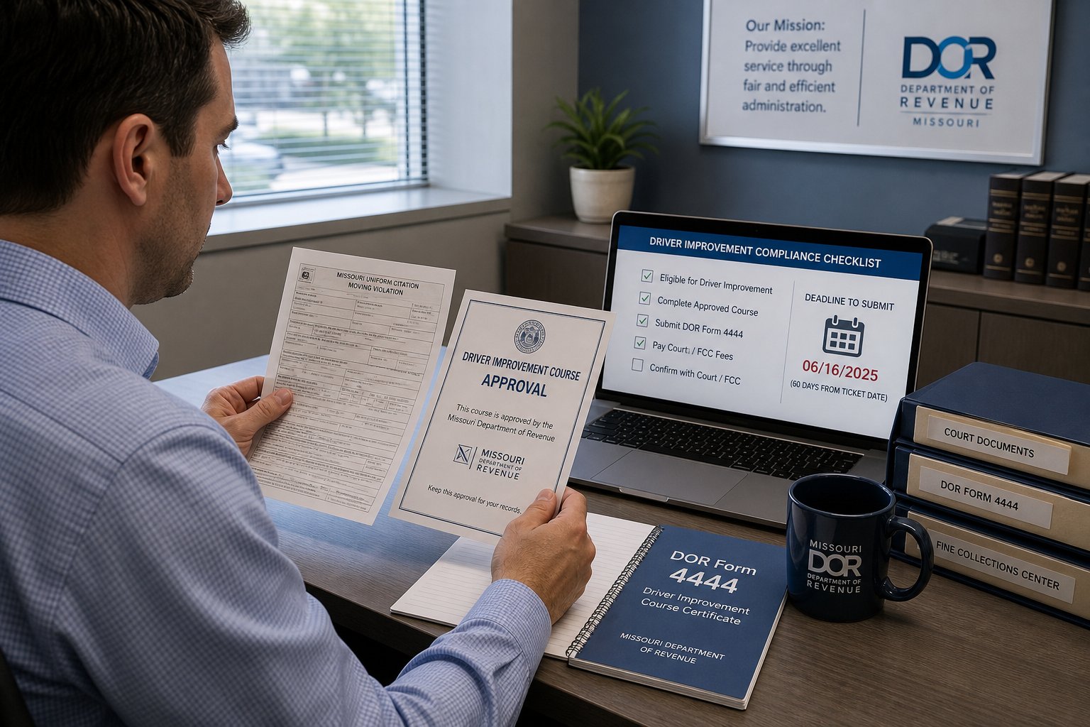 Missouri Fine Collections Center (FCC) and the Driver Improvement Program 1 Missouri DOR Form 4444 point-reduction submission form beside a traffic ticket
