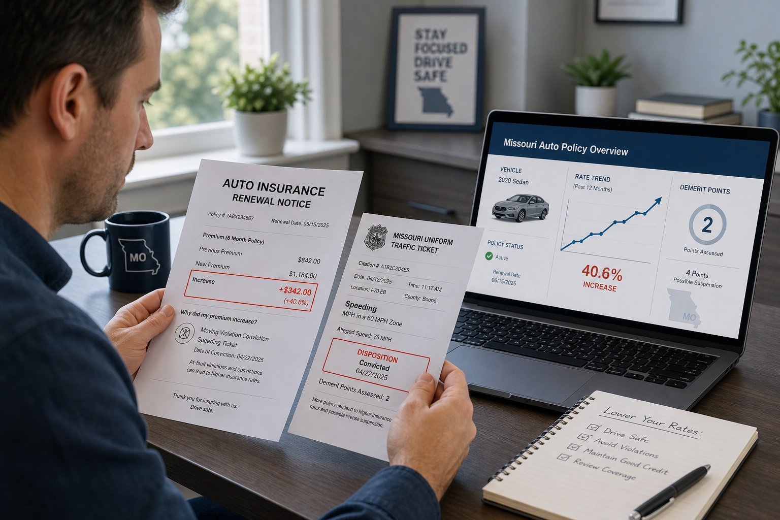 How Does a Missouri Speeding Ticket Affect Your Car Insurance? 1 Missouri driver record and traffic citation documents