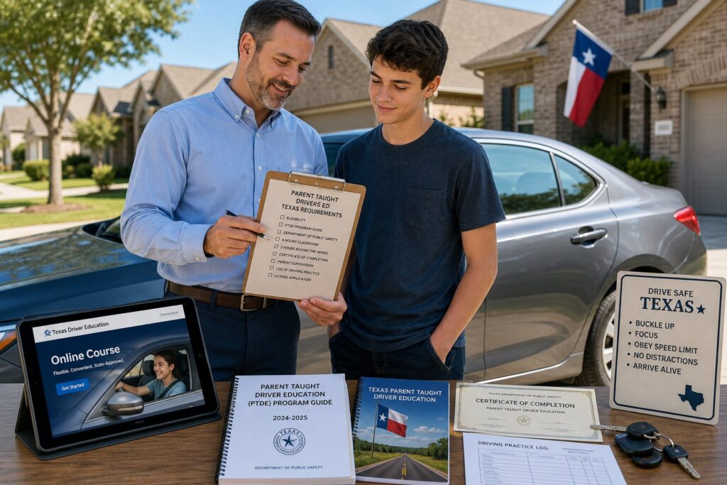 Blog Articles 6 Texas parent and teen completing driver education at home and in car.