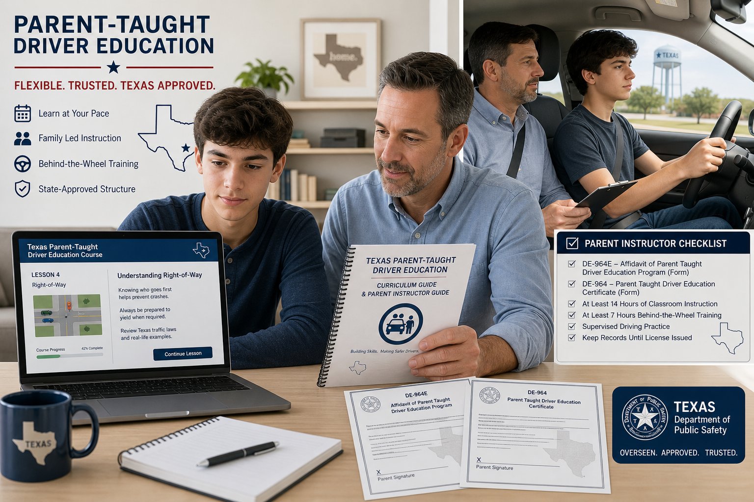 Who Can Teach Parent Taught Drivers Ed in Texas? Parent Eligibility Requirements 1 Texas parent and teen completing driver education at home and in car.