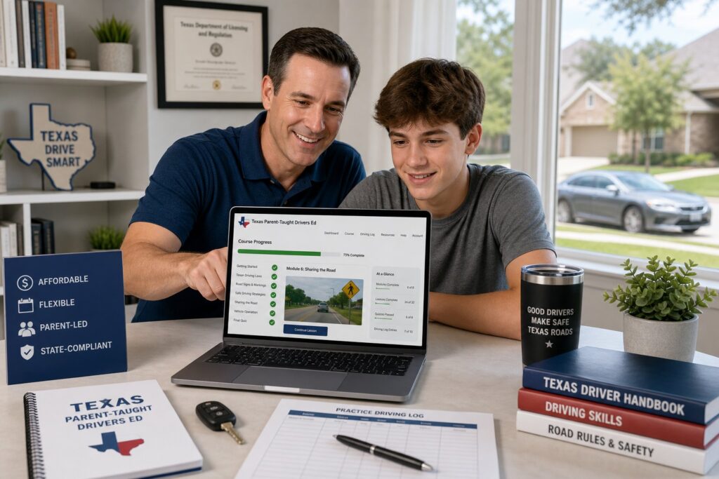 Blog Articles 5 Parent and teen reviewing drivers ed at home in Texas.