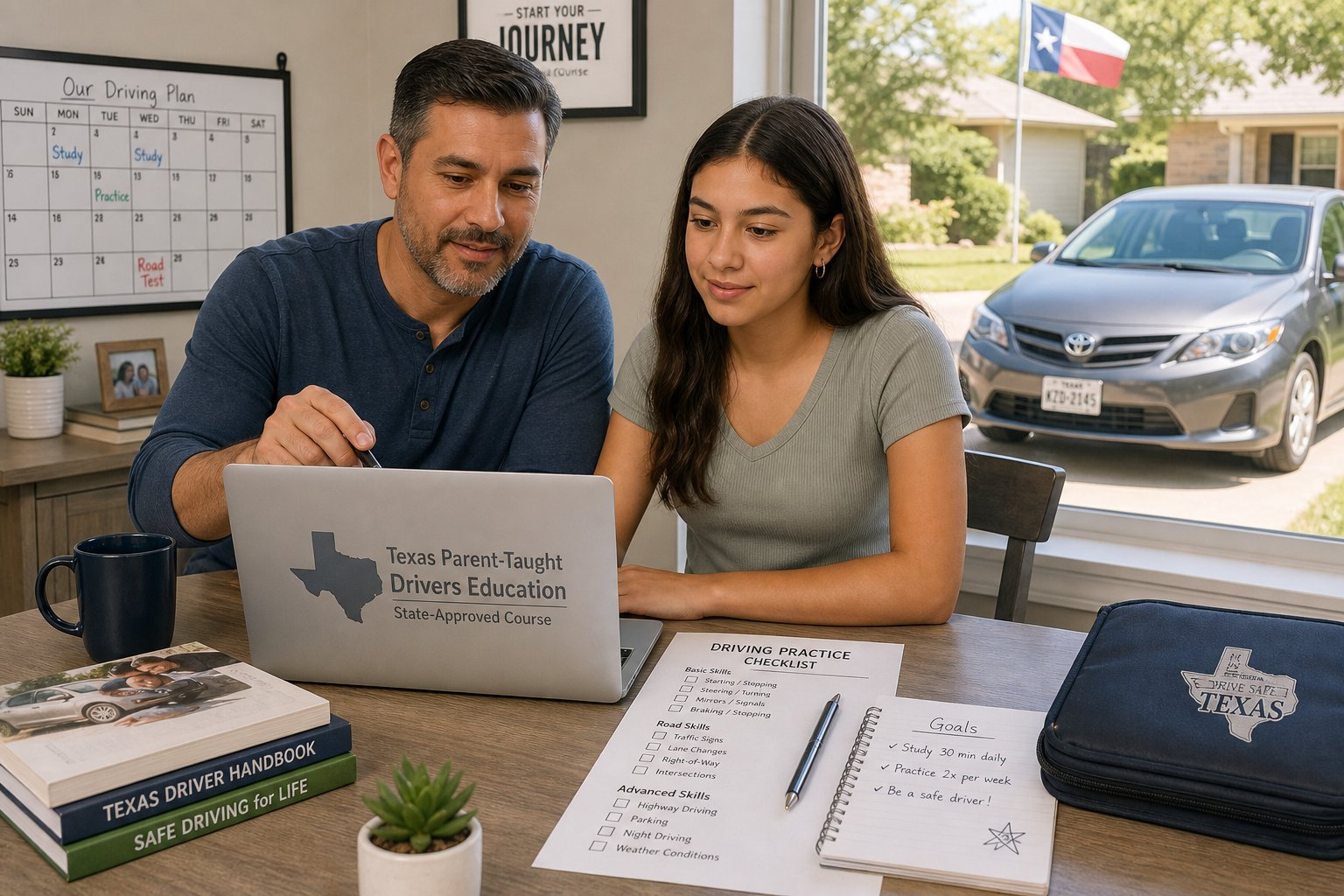 Parent Taught vs Commercial Teen Drivers Ed in Texas: Which Is Right for Your Family? 1 Parent and teen reviewing drivers ed at home in Texas.