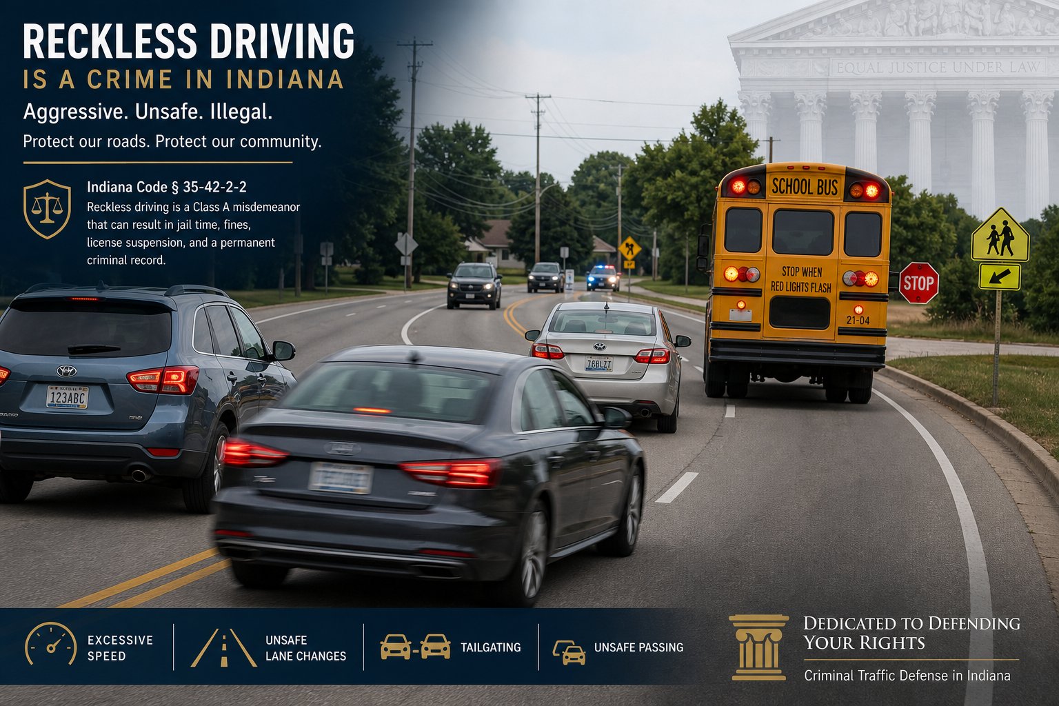 Reckless Driving in Indiana: Penalties, Points, and Driver Safety Options 1 Car weaving through traffic near a stopped school bus on an Indiana road.