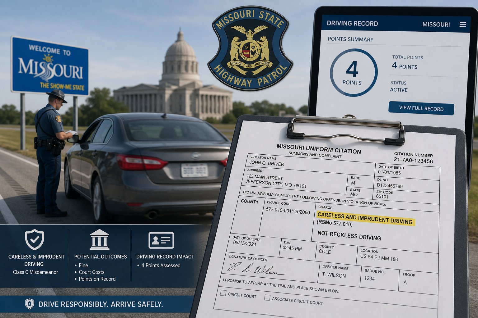 Reckless Driving in Missouri: Penalties, Points, and Driver Improvement Options 1 Missouri driver record and traffic citation documents