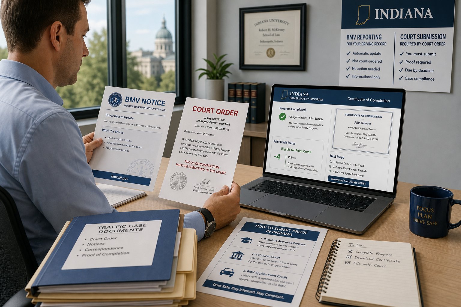 How to Submit Your Indiana DSP Certificate to the Court or BMV 1 Driver reviewing BMV notice, court order, and safety course certificate.