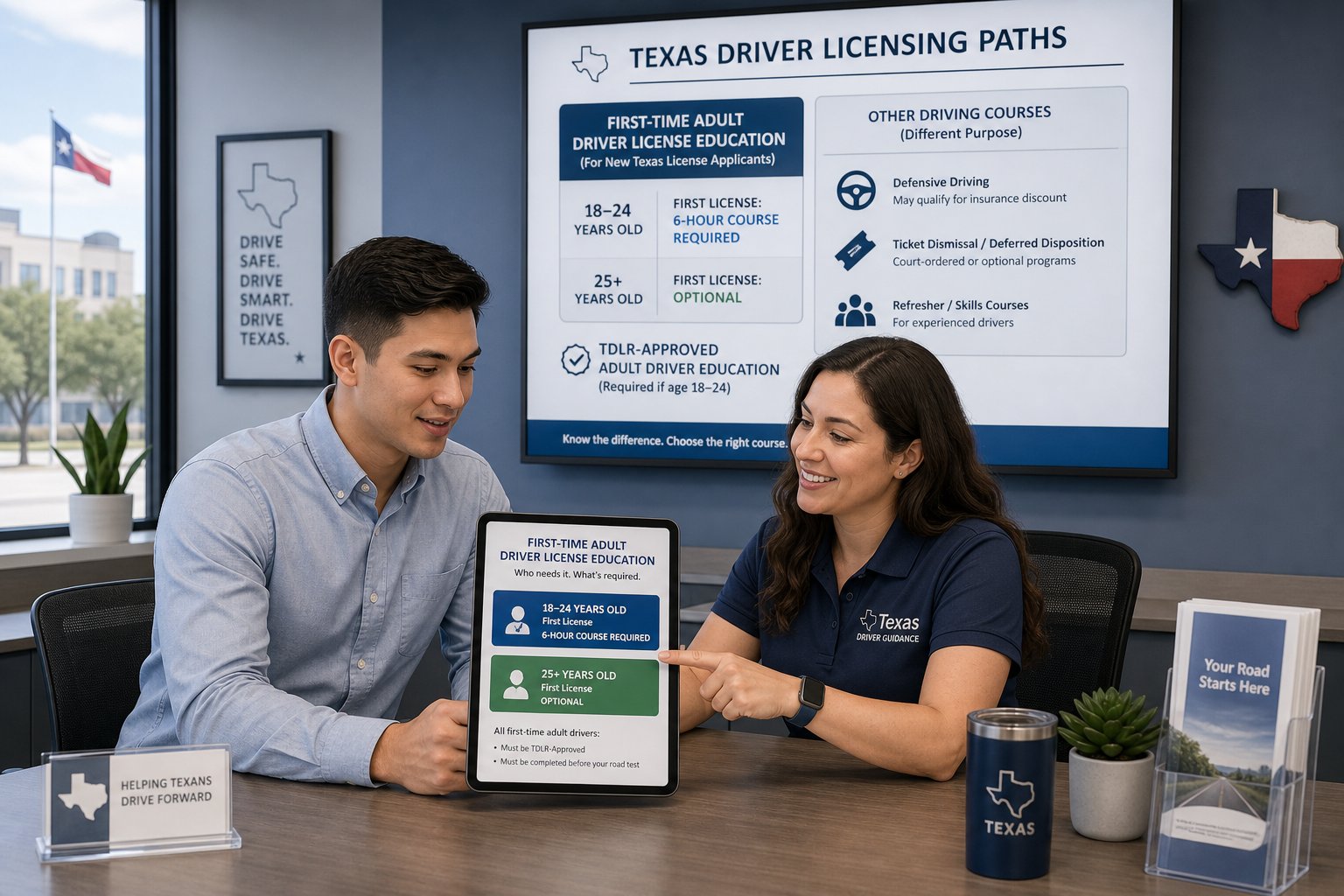 TDLR-Approved Adult Driver Education in Texas: What It Means and How to Verify 1 Adult applicant reviewing Texas drivers ed requirements with advisor in modern office.