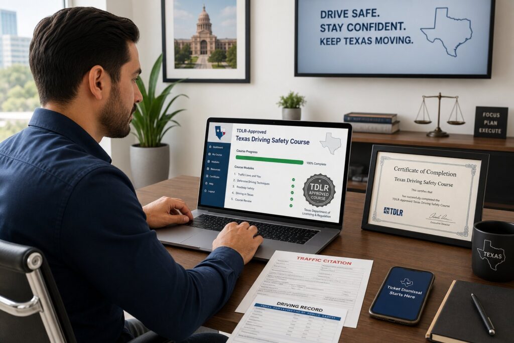 Blog Articles 5 Driver reviewing a Texas-approved online driving safety course on a laptop.