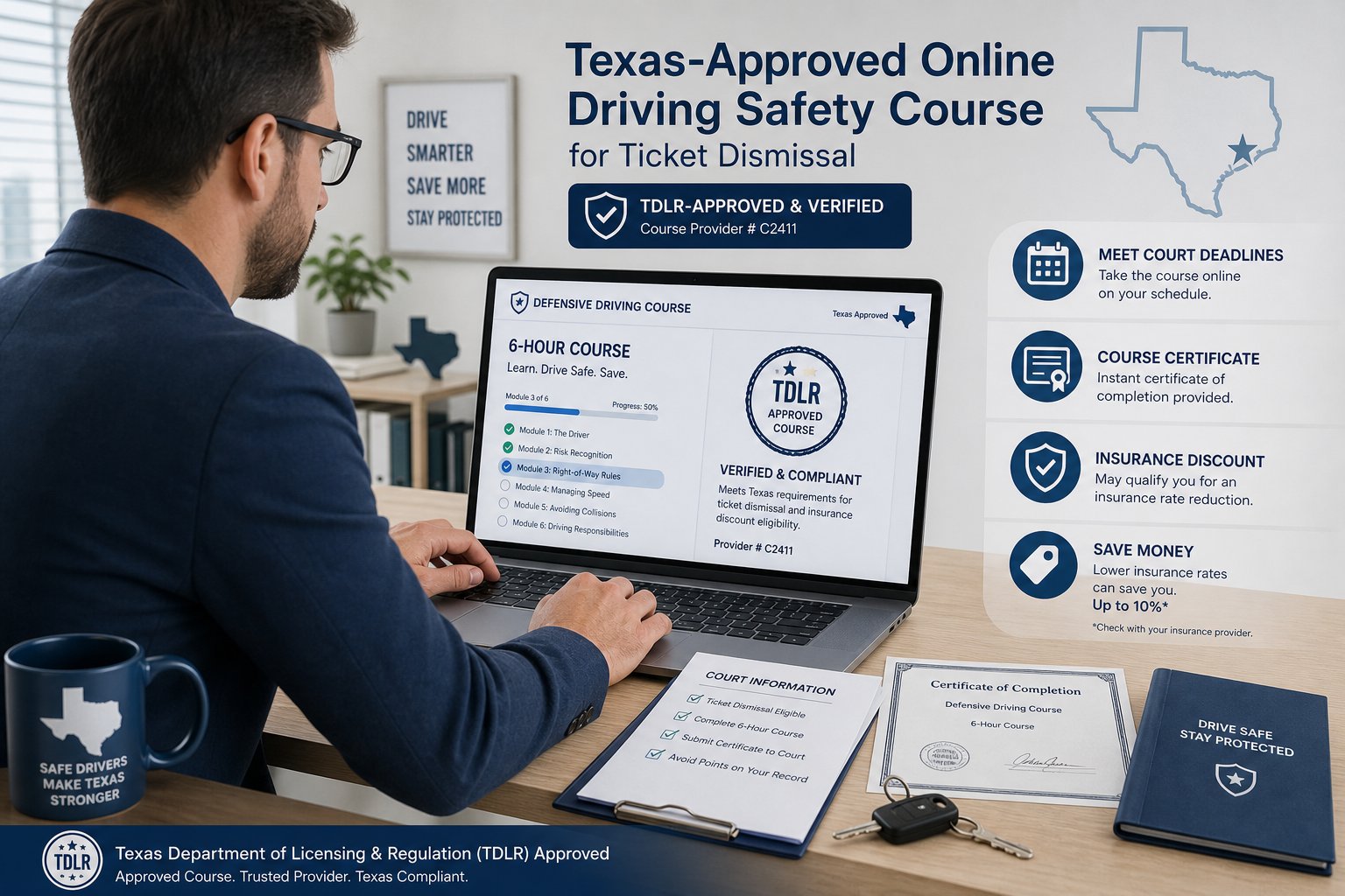 TDLR-Approved Driver Safety Course: What It Means and How to Verify 1 Driver reviewing a Texas-approved online driving safety course on a laptop.