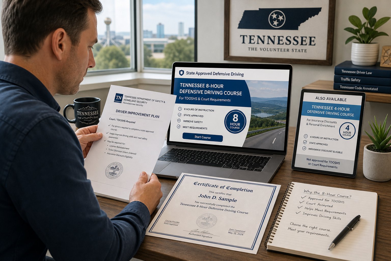 Tennessee 4-Hour vs. 8-Hour Defensive Driving Course: Which One Do You Need? 1 Tennessee driver comparing state-approved defensive driving course options on a laptop