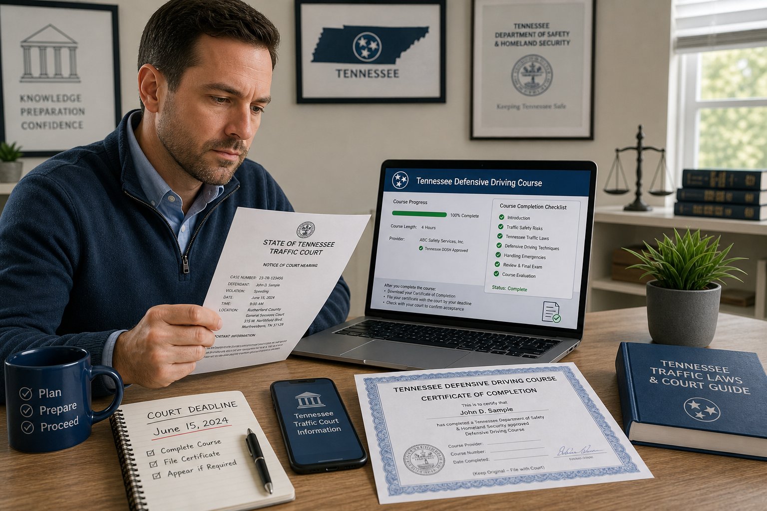 Can I Take a Tennessee Defensive Driving Course Online If My Court Ordered It? 1 Tennessee traffic citation and Clerk of Court notice on a desk