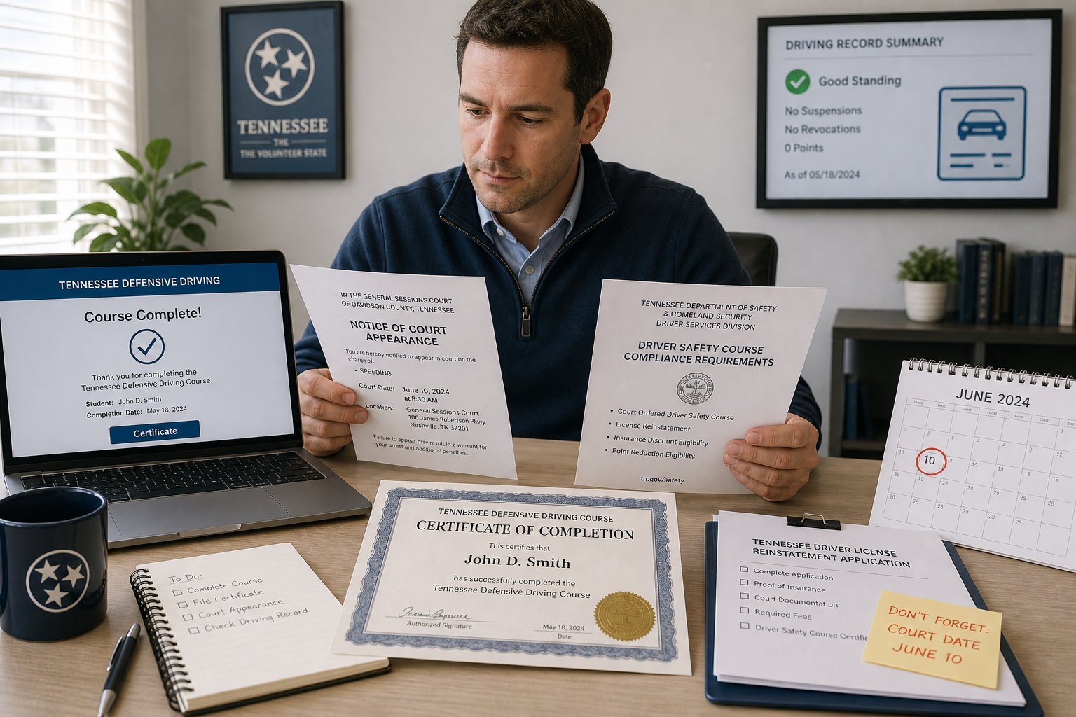 Tennessee Defensive Driving Course Certificate: What It Is and What to Do With It 1 Tennessee driver comparing state-approved defensive driving course options on a laptop