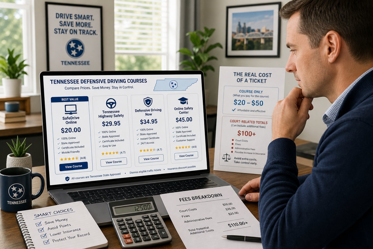 Tennessee Defensive Driving Course Cost: What to Expect 1 Tennessee driver comparing state-approved defensive driving course options on a laptop