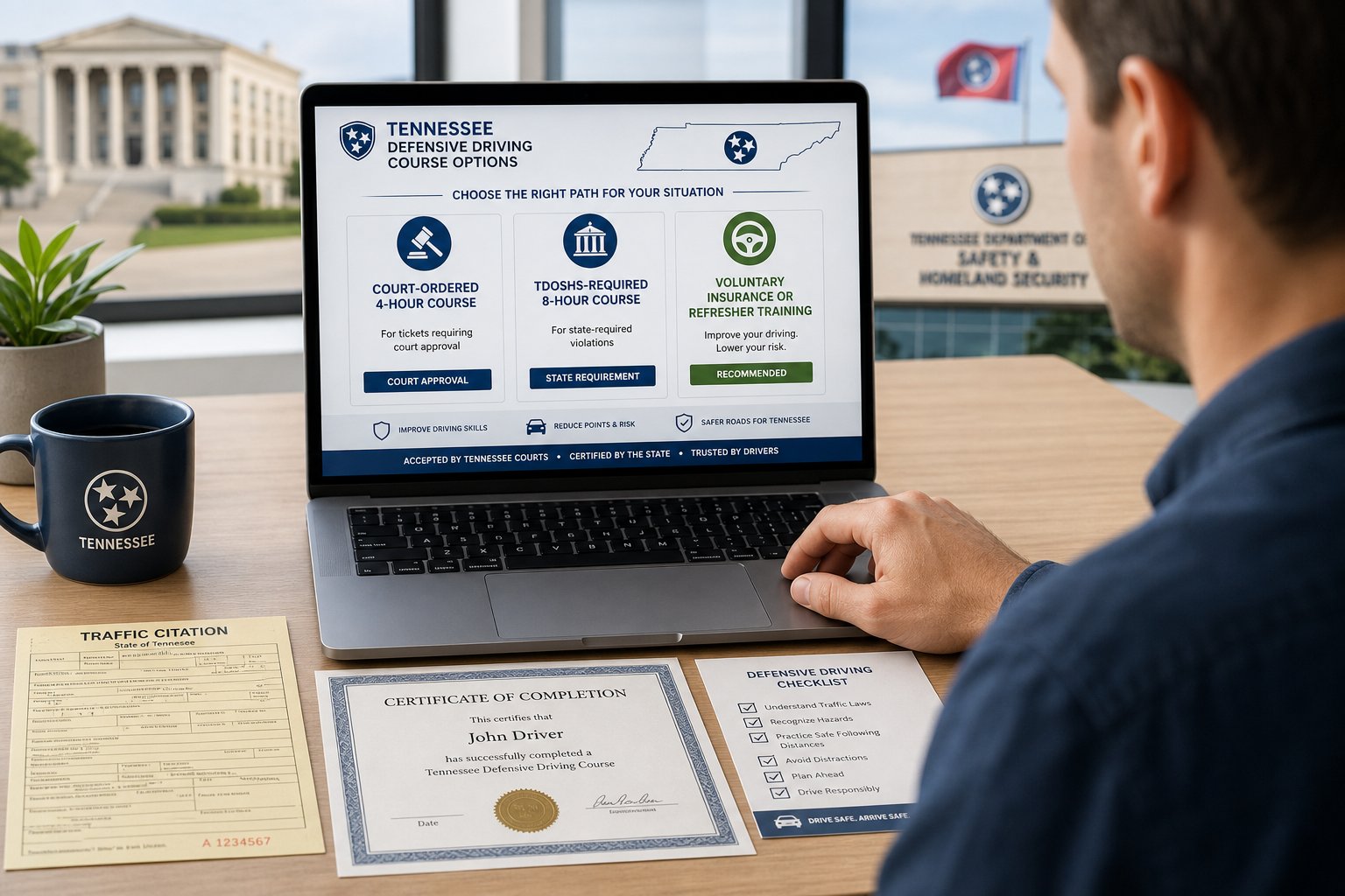 Tennessee Defensive Driving Course: The Complete Guide 1 Tennessee driver comparing state-approved defensive driving course options on a laptop