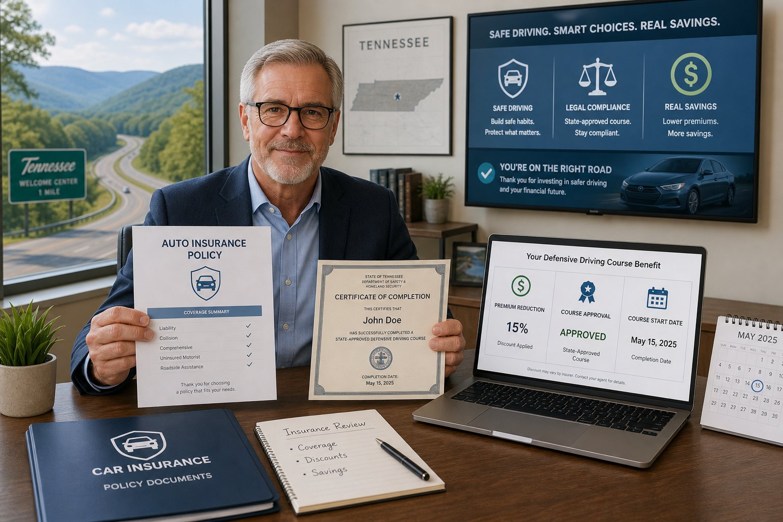 Can a Tennessee Defensive Driving Course Lower Your Car Insurance? 1 Tennessee driver comparing state-approved defensive driving course options on a laptop