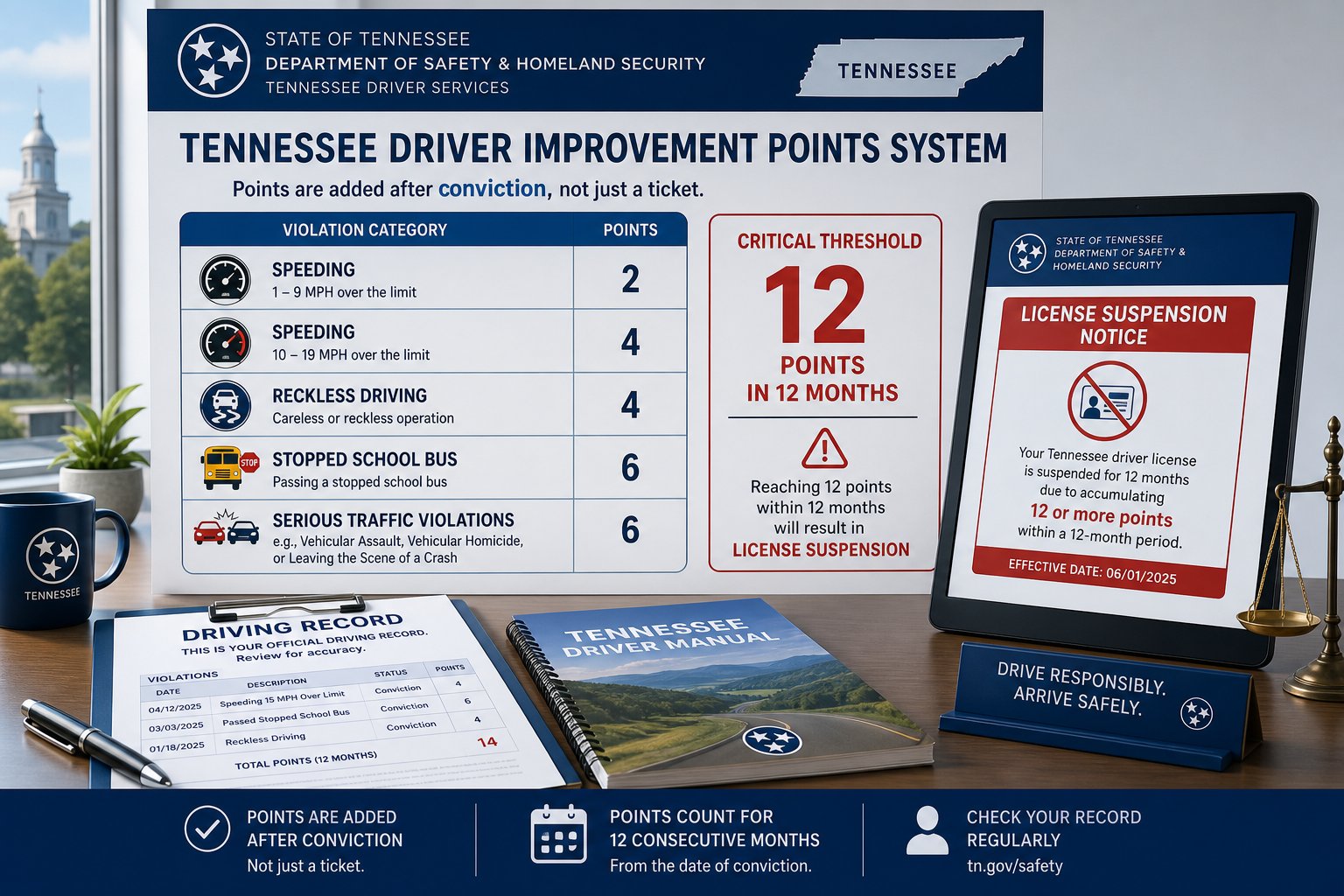 Tennessee Demerit Points Chart: How Many Points for Each Traffic Violation 1 Tennessee driver points chart with violation levels and suspension threshold.