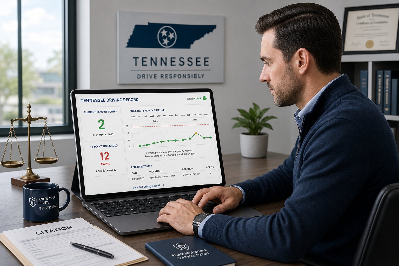 Tennessee Driver License Points System Explained 1 Driver reviewing Tennessee license points on a digital record dashboard.