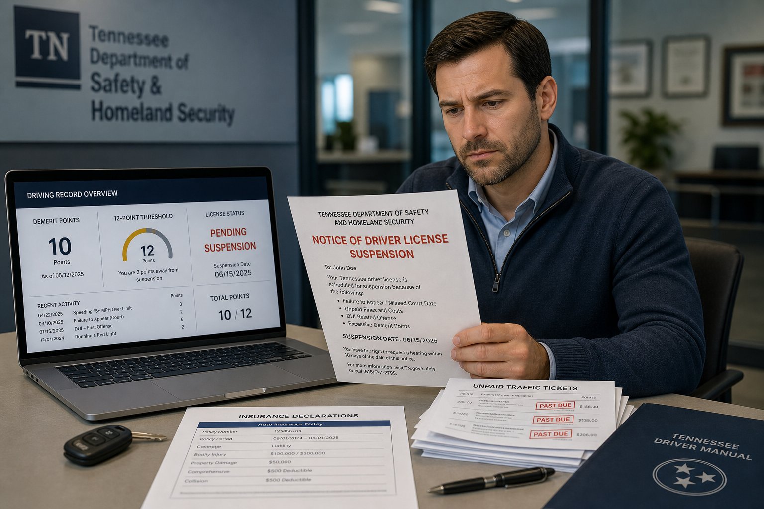 Tennessee License Suspension for Points: What Happens and How to Reinstate 1 Driver reviewing Tennessee license suspension notice and driving record at desk.